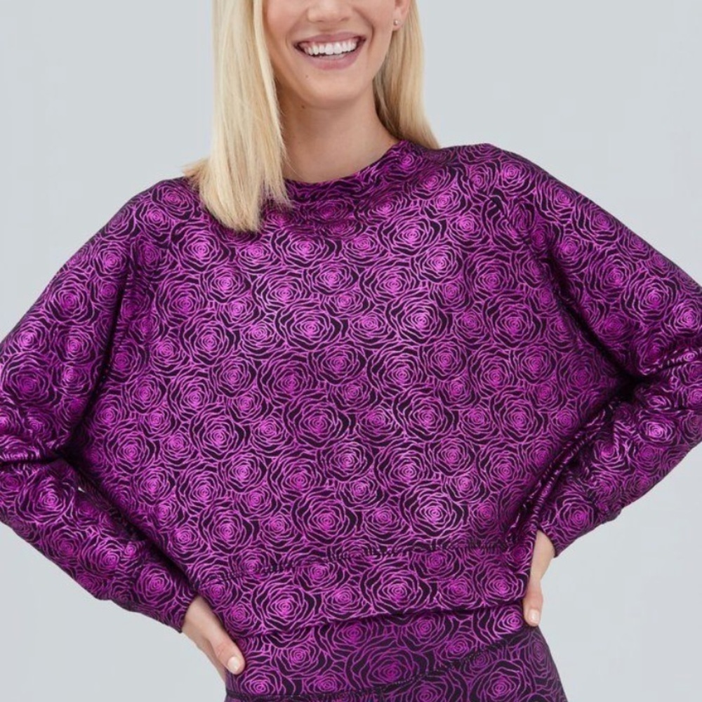 NWT Terez Rose Field Foil Crop Pullover Sweatshirt Purple/Black
